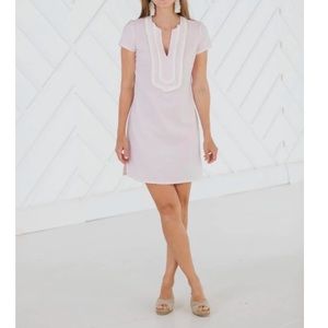Stretch linen short sleeve tunic dress in blush pink